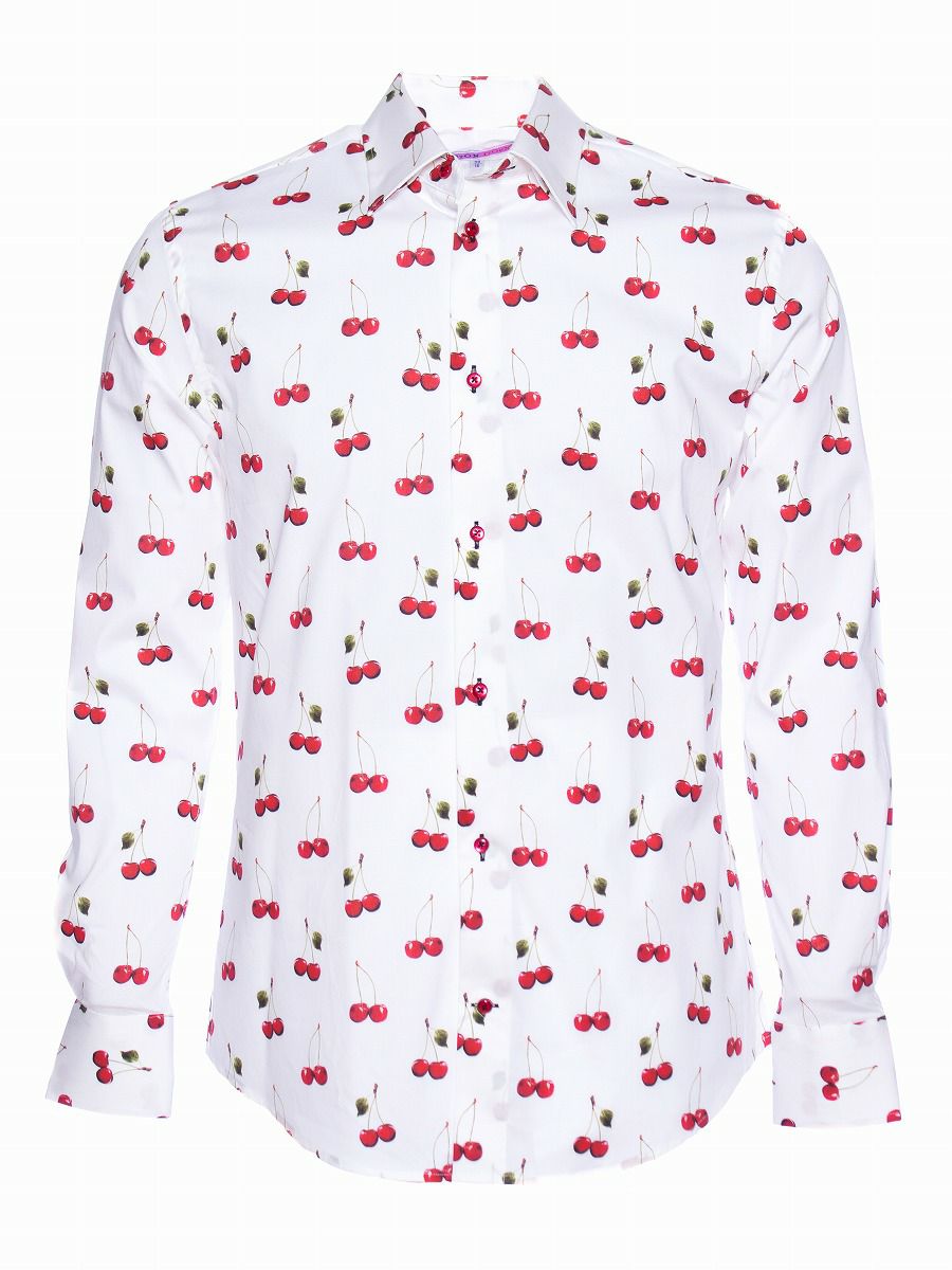 柄シャツ かわいい 白 メンズ チェリー柄 フルーツ｜パリのシャツブランド・コトンドゥ/CotonDoux
