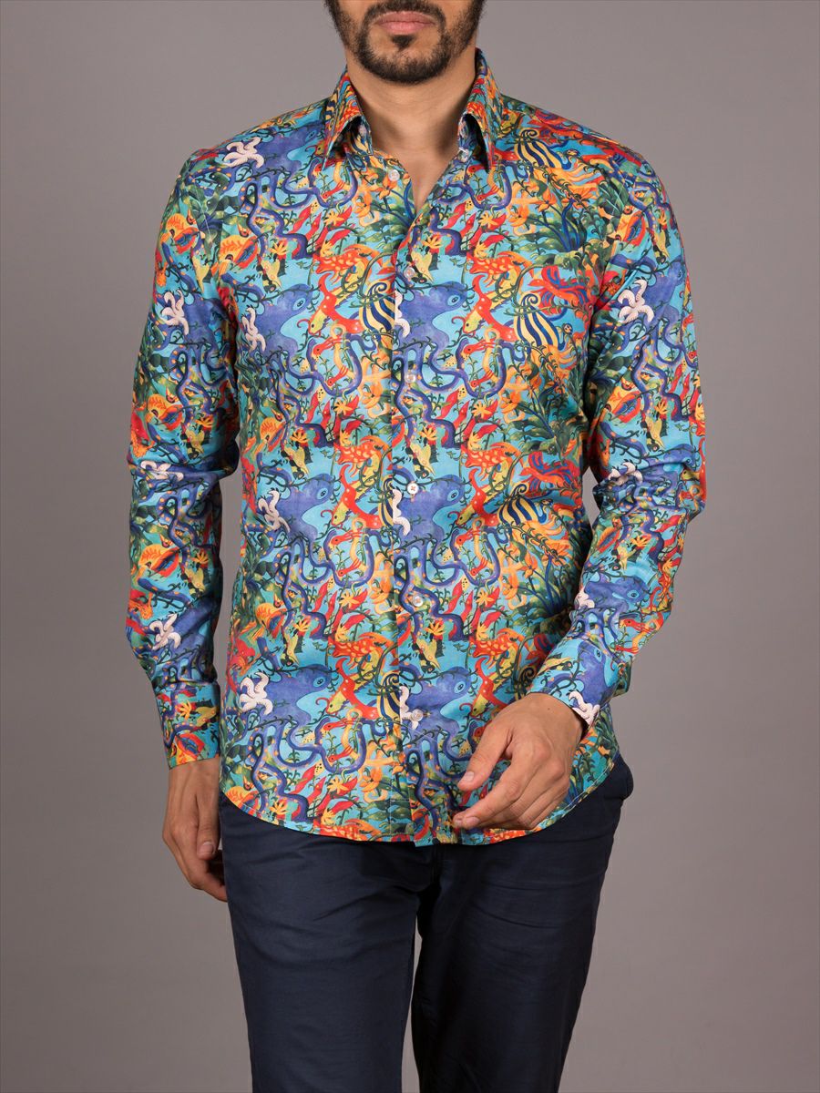 メンズ シャツ 柄シャツ プリント タコ 海 ポップアート M92ad1722octopus Coton Doux