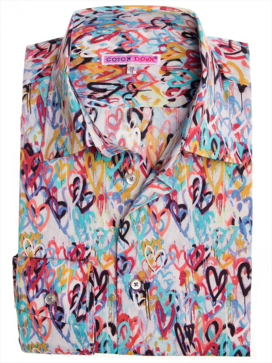 メンズ シャツ 柄シャツ プリント ハート ポップアート M92ad1730hearts Coton Doux メンズ シャツ 柄シャツ プリント ハート ポップアート M92ad1730hearts Coton Doux