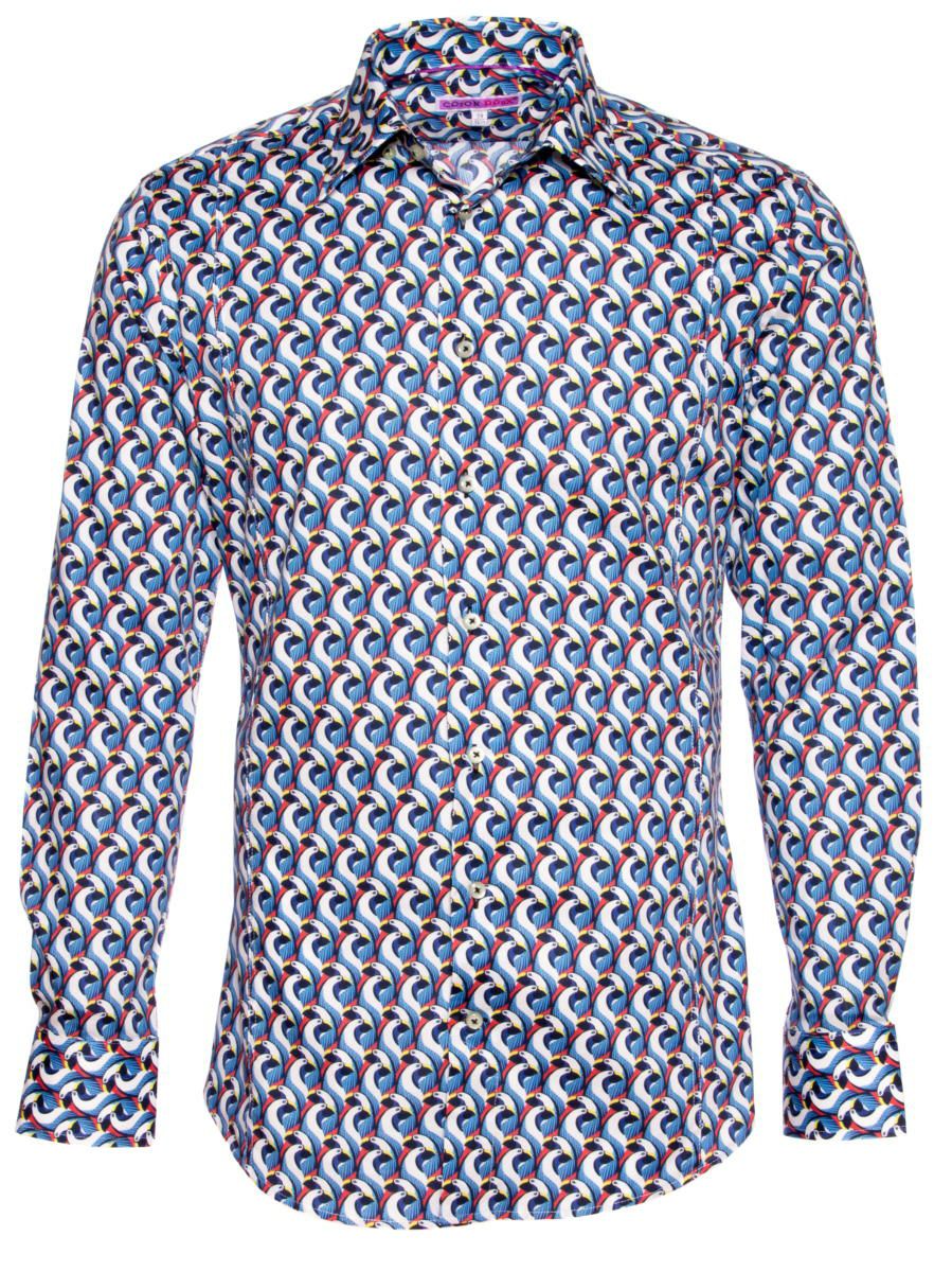柄シャツ レトロ メンズ 鳥柄 青｜シャツ専門店パリのシャツブランド・コトンドゥ/CotonDoux