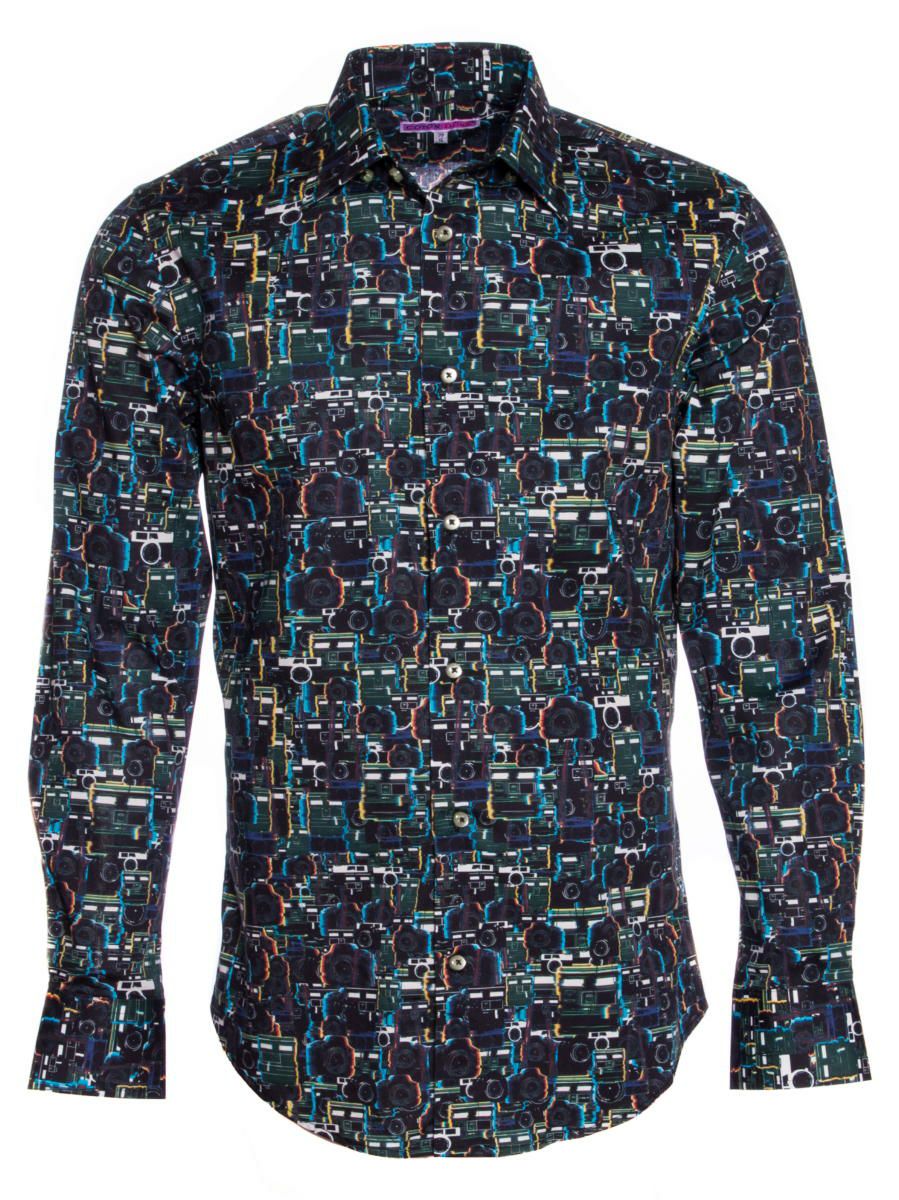 柄シャツ 黒 おしゃれ カメラ柄｜シャツ専門店パリのブランドCotonDoux（コトンドゥ）