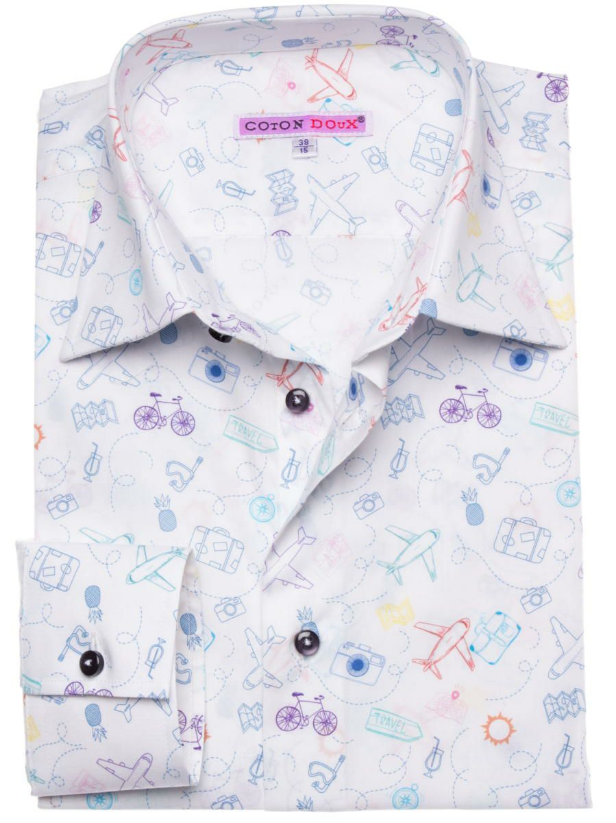 メンズシャツ トラベル柄シャツ ホワイト かわいい パステルカラー M01ad18travel Coton Doux メンズシャツ トラベル柄シャツ ホワイト かわいい パステルカラー M01ad18travel Coton Doux