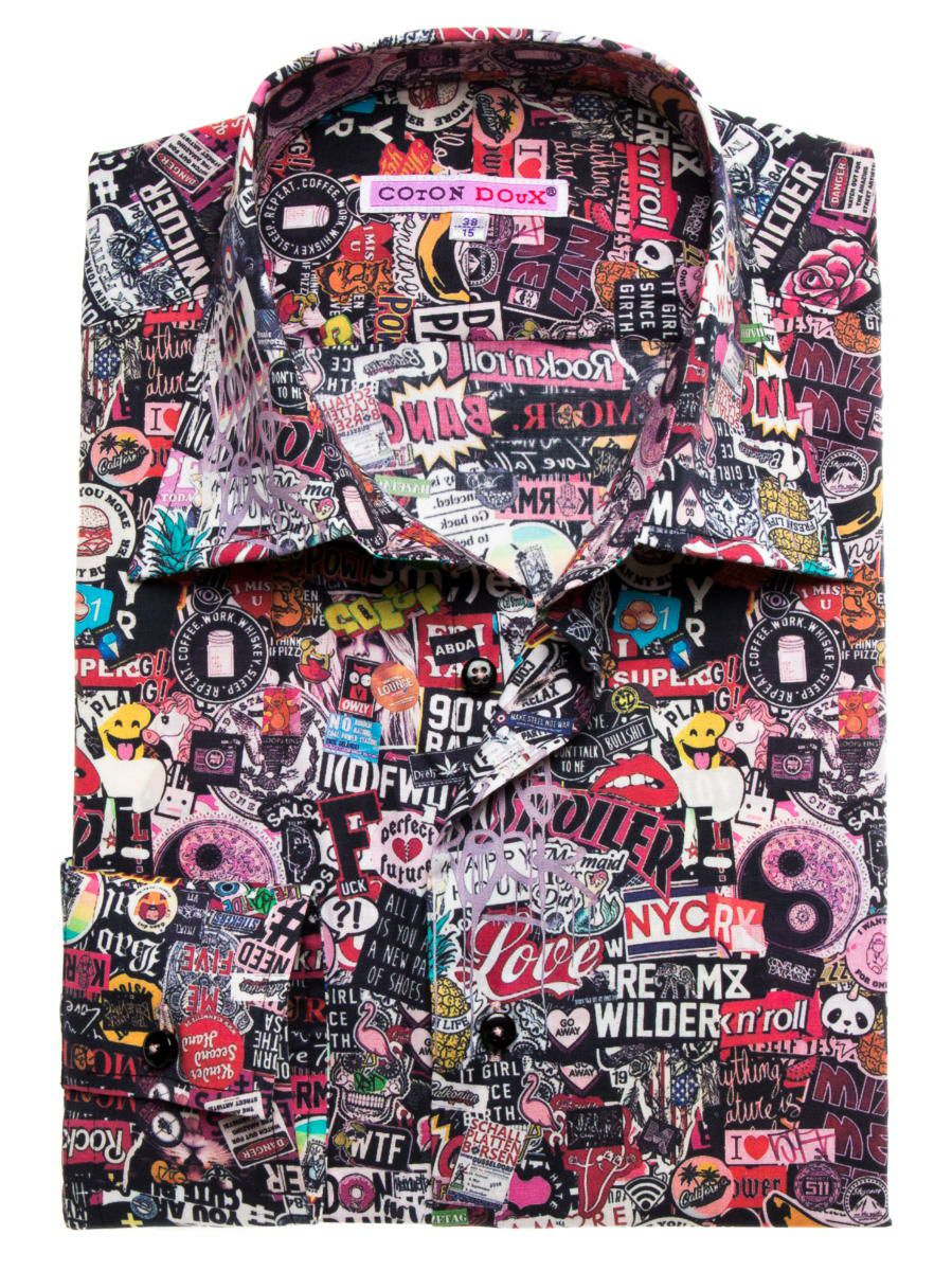 柄シャツ 派手 メンズ ステッカー柄 コトンドゥ Cotondoux