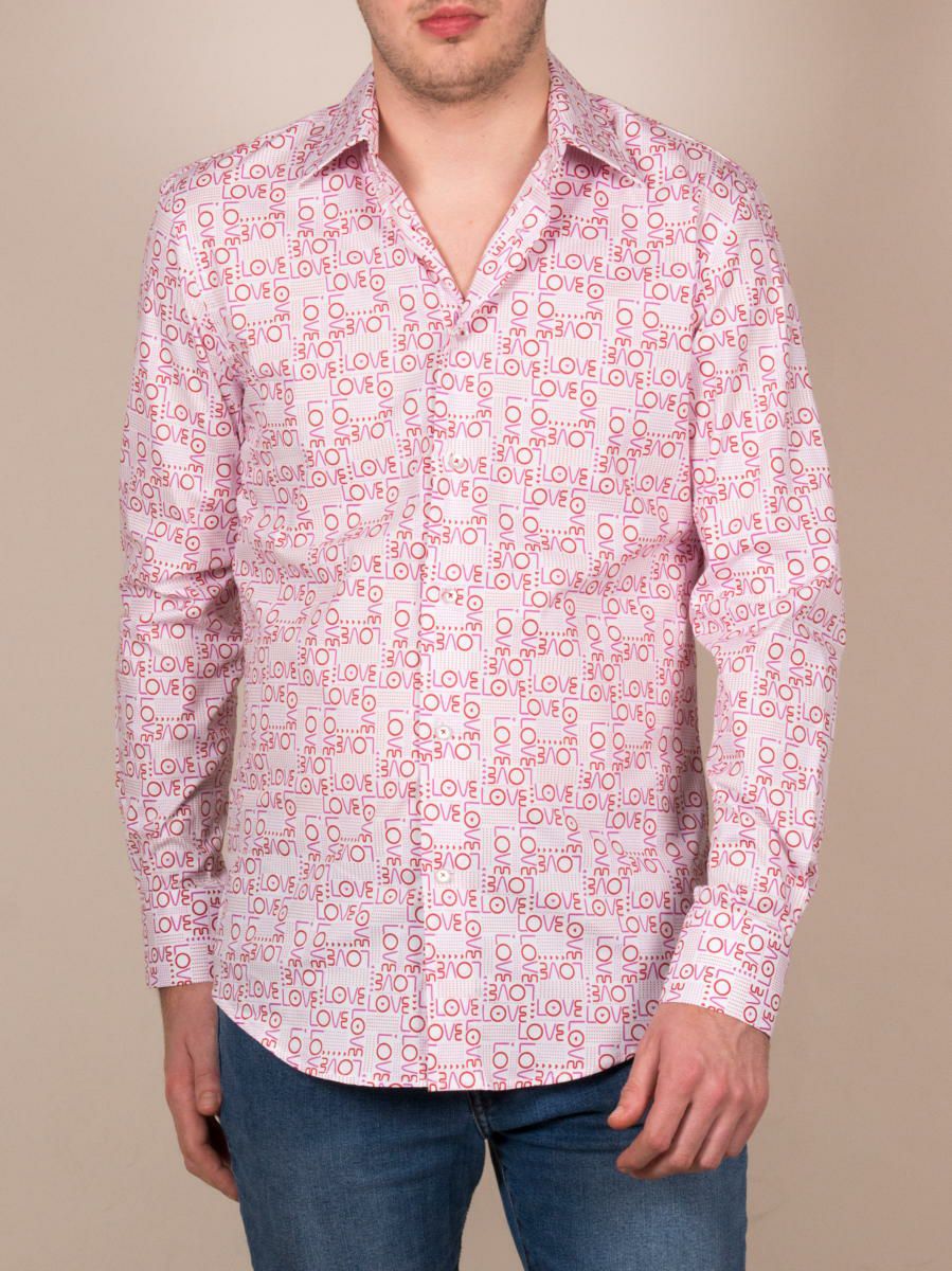 メンズシャツ ラブ柄シャツ ホワイト レッド ピンク Love M01ad1877love Coton Doux メンズシャツ ラブ柄シャツ ホワイト レッド ピンク Love M01ad1877love Coton Doux