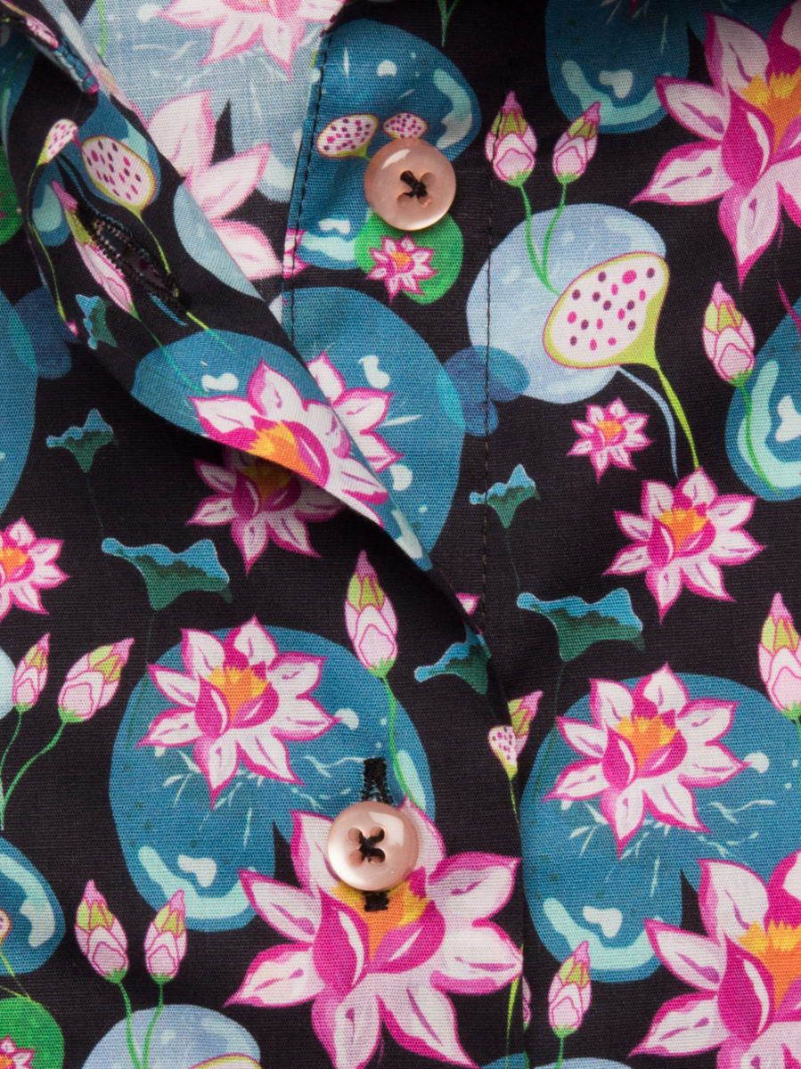 レディース シャツ 柄シャツ プリント 花柄 ブラック レトロ ピンク L01ad1814w Lily Coton Doux