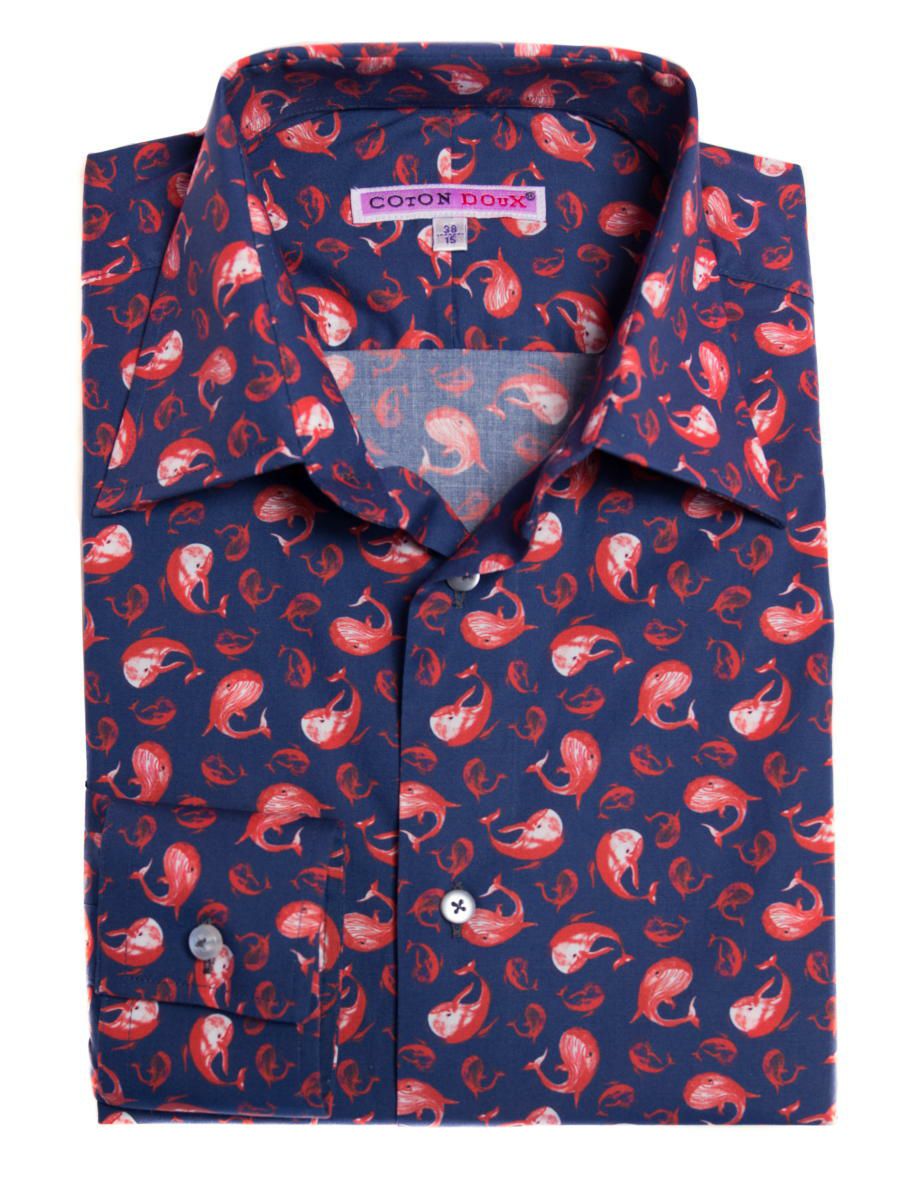 メンズ シャツ 柄シャツ 可愛い クジラ 鯨 アニマルプリント パープル 紫青 M11ad51whale Coton Doux