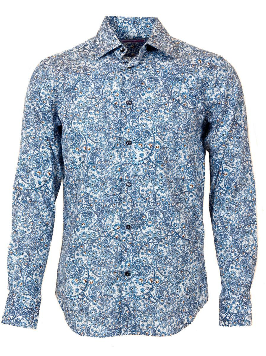 メンズ シャツ 紳士 柄シャツ 花柄 ペイズリー レトロ柄 ブルーシャツ エレガント M12ad2133paisley Coton Doux