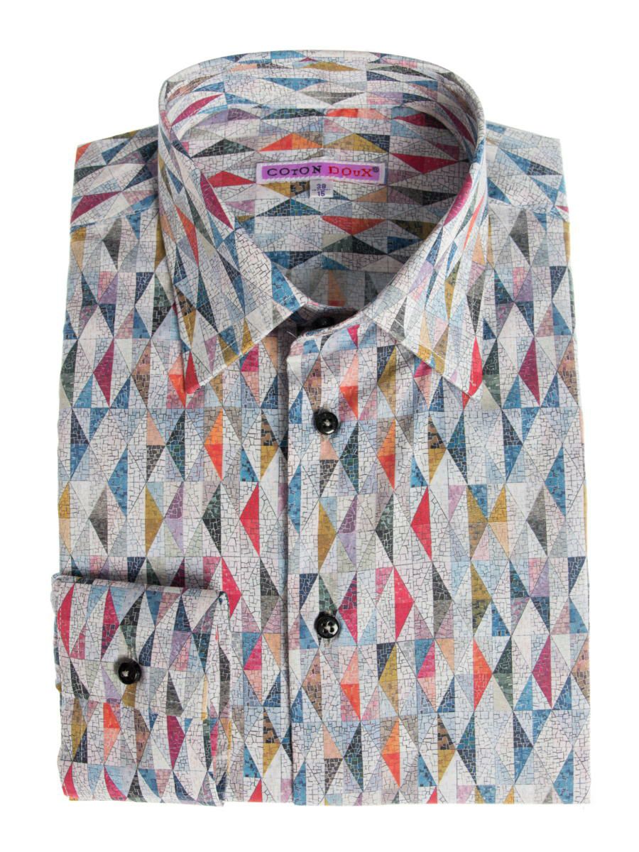 メンズ シャツ 紳士 柄シャツ トライアングル カラフル アート プリント グレー レトロ 柄 M21ad2246triangle Coton Doux