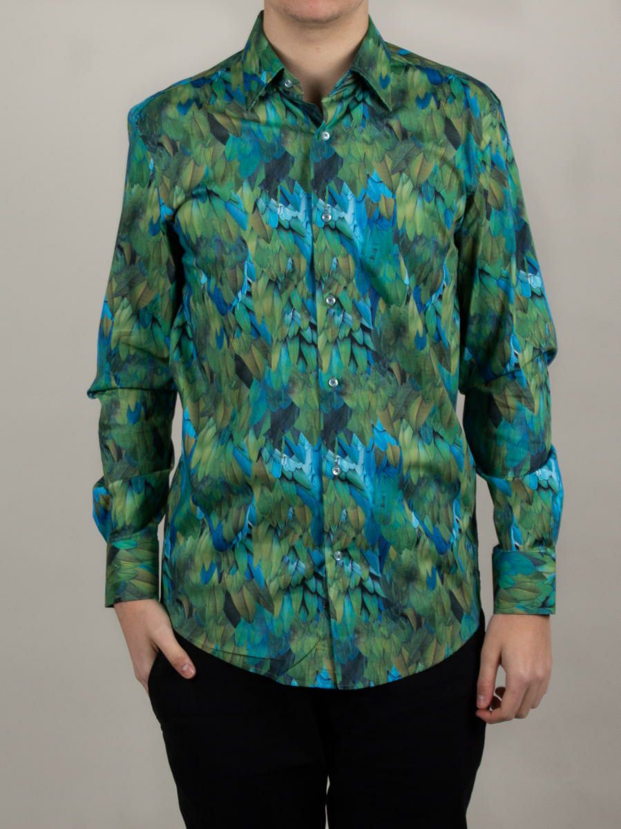 シャツ メンズ 柄シャツ 長袖 緑 グリーン 柄シャツ プリント
