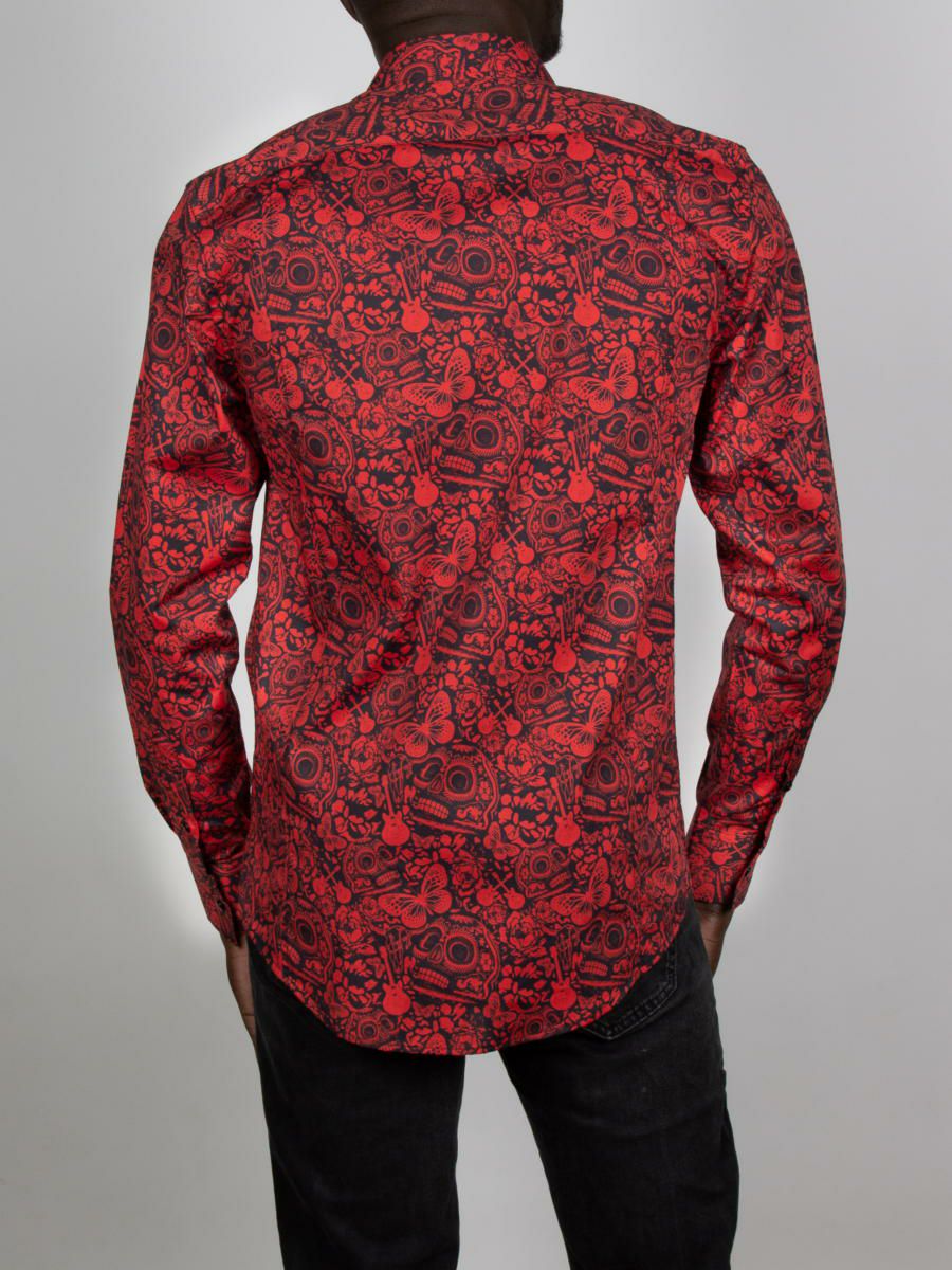 メンズ シャツ 長袖 柄シャツ プリント デザインシャツ カジュアルシャツ ドレスシャツ 赤シャツ アカシャツ スカル柄 m41ad2616